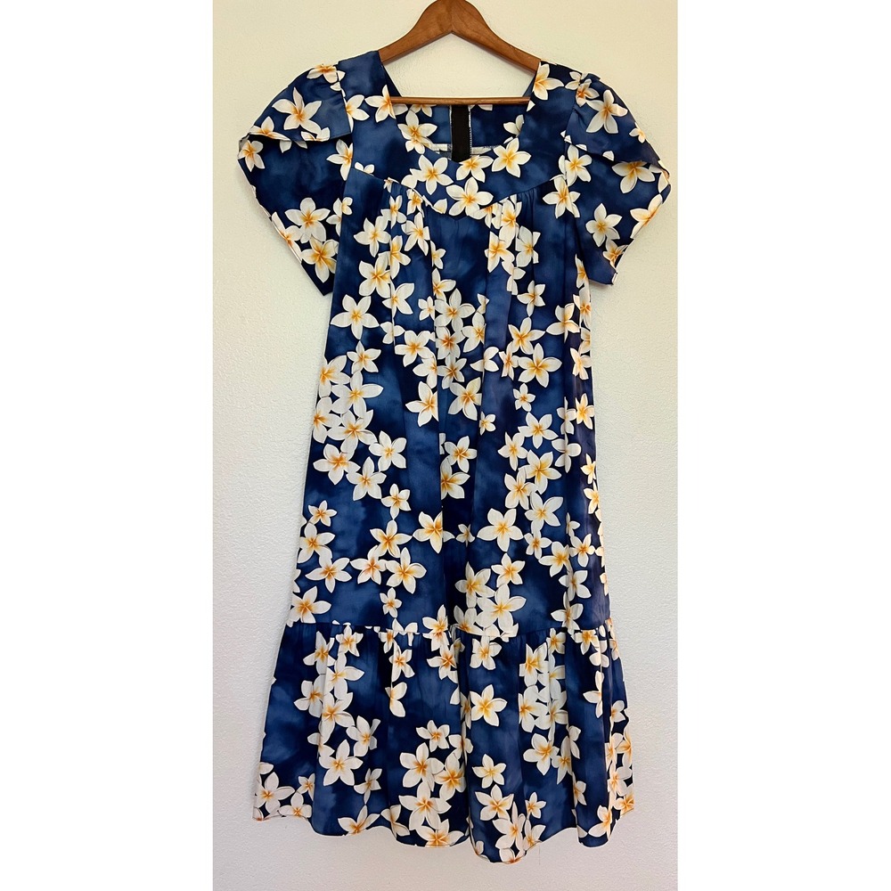 Aloha Mo'i Hawaii Muumuu Dress Blue White Plumeria Floral Cotton Tiered Small